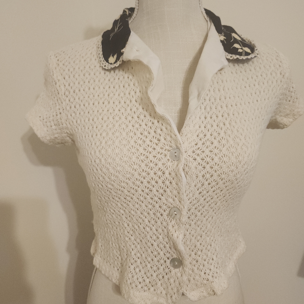 Elegant Crochet Button Down Shirt with Contrasting Collar